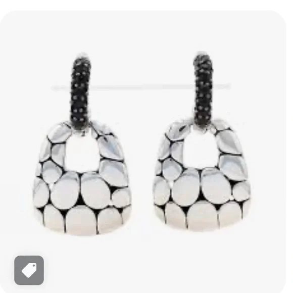 John Hardy Kali Silver Lava Door Knocker Hoop Drop Earrings with black sapphire